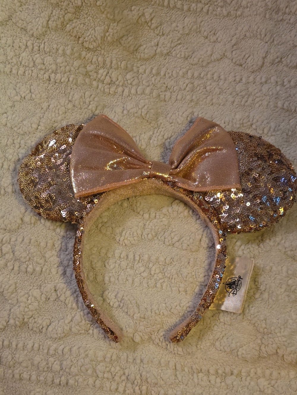 Disney Rose Gold Sequin Minnie Ear Headband with Shimmer Bow
